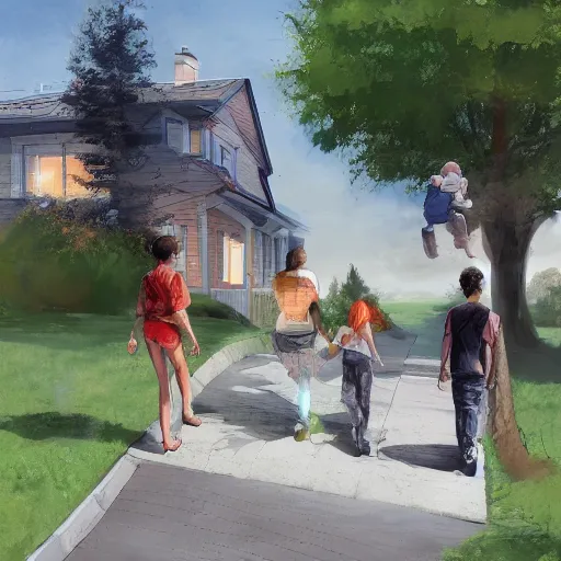 Prompt: a family hovers over the sidewalk in suburban neighborhood, artstation