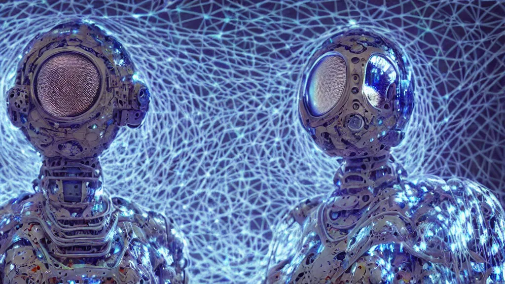 Image similar to a cybernetic symbiosis of a single astronaut mech-organic eva suit made of pearlescent wearing knitted shiny ceramic multi colored yarn thread infected with diamond 3d fractal lace iridescent bubble 3d skin dotted covered with orb stalks of insectoid compound eye camera lenses floats through the living room, film still from the movie directed by Denis Villeneuve with art direction by Salvador Dalí, wide lens,kevlar,carbon fiber,ceramics,gaseous materials,