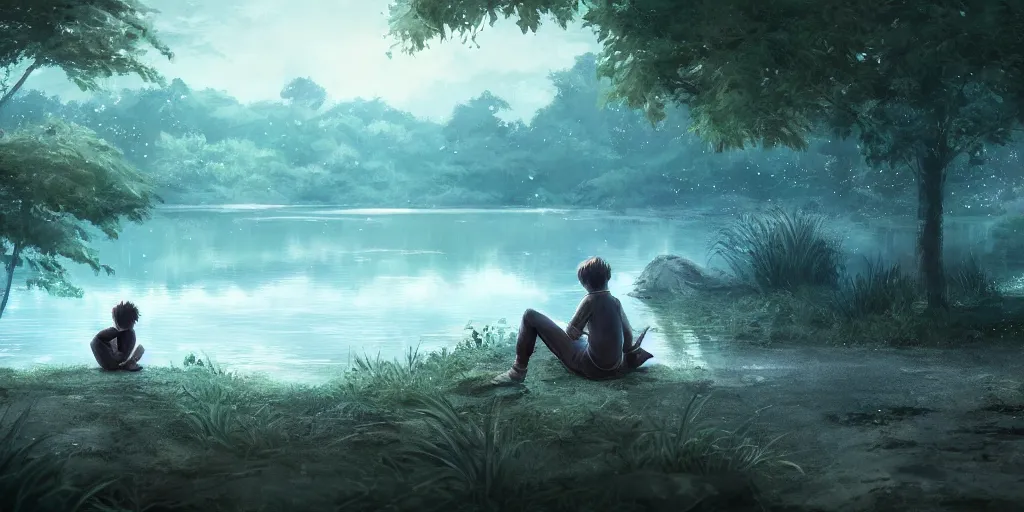 Image similar to a silver dragon and a boy sitting next to lake in forest, many fireflys, at night, concept art, dof, cryengine, digital art, detailed background, makoto shinkai