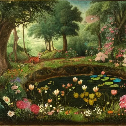 Prompt: detailed fairy hollow with a pond and flowers, by Cecily Mary Barker