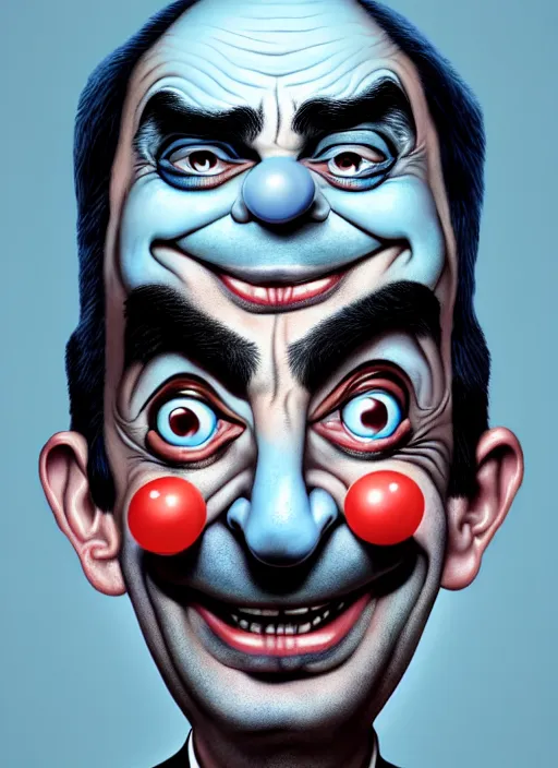 Image similar to highly detailed caricature portrait of mr bean with clown makeup by ross tran, by greg rutkowski, brush strokes, 4 k resolution, light blue pastel background