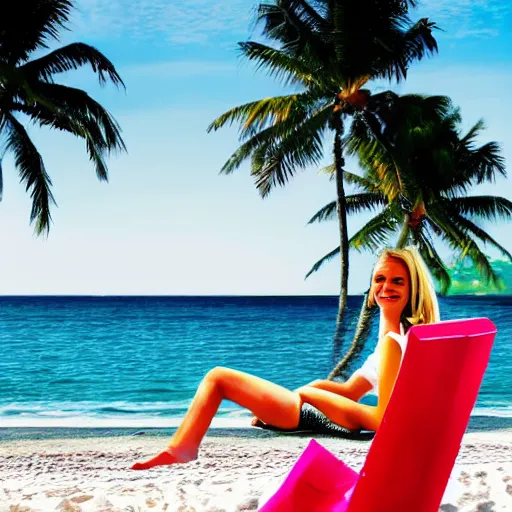 Prompt: a smile blond girl lay on chair hold coke in beach, rose, palm tree, vibrance,