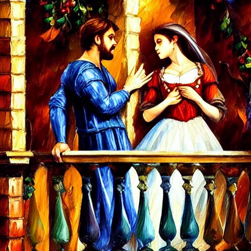 Image similar to highly detailed painting of shakespeare's romeo and juliet, balcony scene. juliet is at the balcony, romeo is in the street. intricate, high quality oil painting artstyle, in the style of leonid afremov, deviantart, figurative art, deviantart, ilya kuvshinov, lovecraftian, very detailed face, portrait