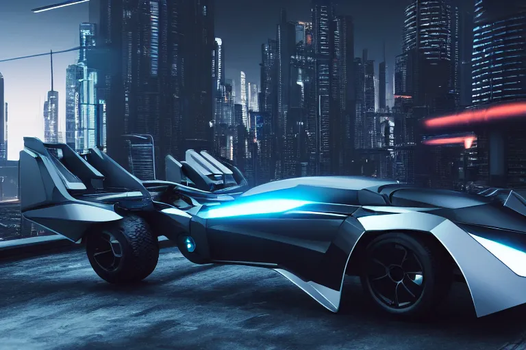 Prompt: cyberpunk batmobile concept inspired sports car, futuristic look, highly detailed body, very expensive, photorealistic camera shot, bright studio setting, studio lighting, crisp quality and light reflections, unreal engine 5 quality render