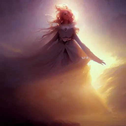 Prompt: ''cinematic shot'' anime demi - human creature with beutiful face and hair dressed like a princess made by ivan aivazovsky, peter mohrbacher, greg rutkowski volumetric light effect broad light oil painting painting fantasy art style sci - fi art style realism premium prints available artwork unreal engine