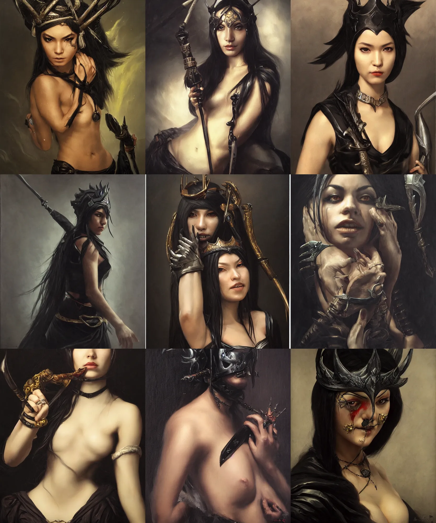 Prompt: the portrait of ( ( ( ( ( akali from league of legends ) ) ) ) ) in black wax crown by roberto ferri, dark fantasy, witcher, very detailed oil painting, masterpiece, 8 k