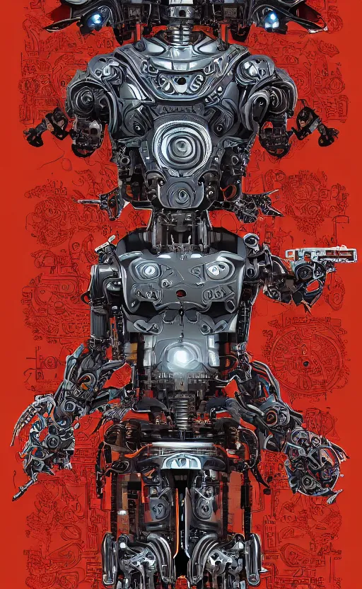 Image similar to anatomy of the terminator, robot, cyborg, t100, bloodborne diagrams, mystical, intricate ornamental tower floral flourishes, rule of thirds, technology meets fantasy, map, infographic, concept art, art station, style of wes anderson