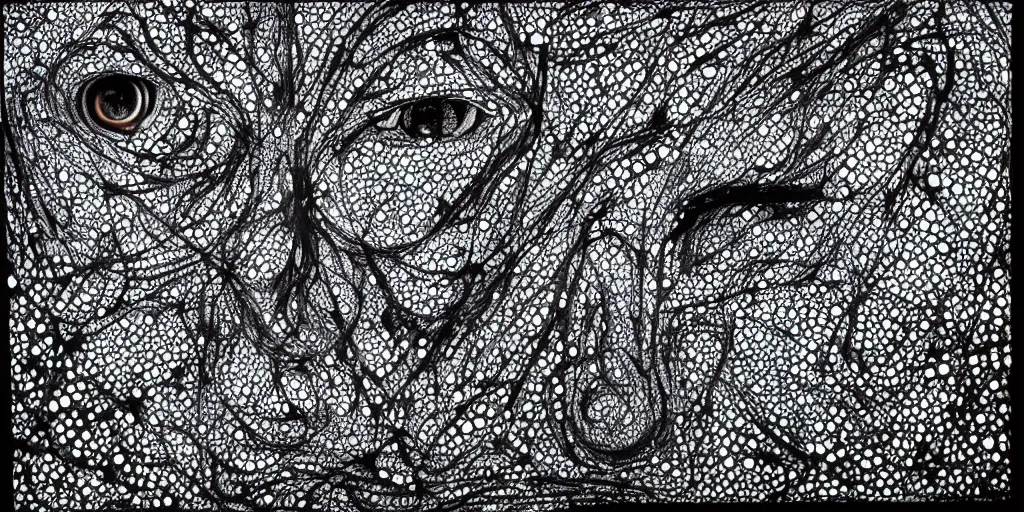 Image similar to camo of eyes, technical, acrylic, teeth, eerie, tribal, clay, dots, lines, stipple, points, grid, cybernetic, old painting, francis bacon art, swirly eyes, hypnosis, eerie, terror, oil, neon, black and white, splotches