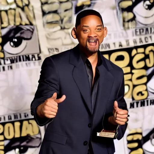 Prompt: will smith angrily pointing at the camera, angry!!!!!!!!! mad face, angry face, looking at camera, threatening, highly detailed, well - lit, award - winning photograph, real image