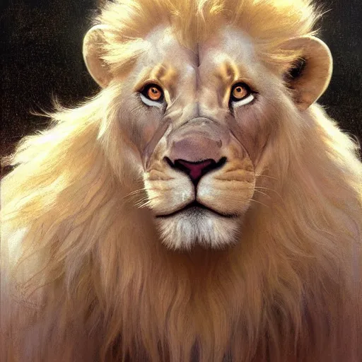 Prompt: hyper realistic albino male furry anthro lion, magical, painted by james gurney, norman rockwell, tom bagshaw, mucha, gaston bussiere, craig mullins, j. c. leyendecker 8 k