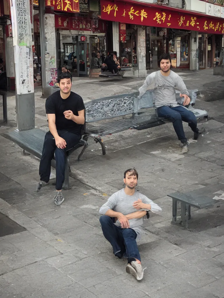 Image similar to a photo of thiago hersan sitting in a bench in china town san francisco