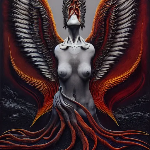 Image similar to bird phoenix of lava, dark, fire from inside, blood vesels, dystopian surrealism, art style zdzisław beksinski, symmetry accurate features, very intricate details, high resolution, symmetrical long head, smooth marble surfaces, detailed ink illustration, cinematic smooth stone, deep aesthetic, concept art, carved marble texture silk cloth, latex skin, highly ornate