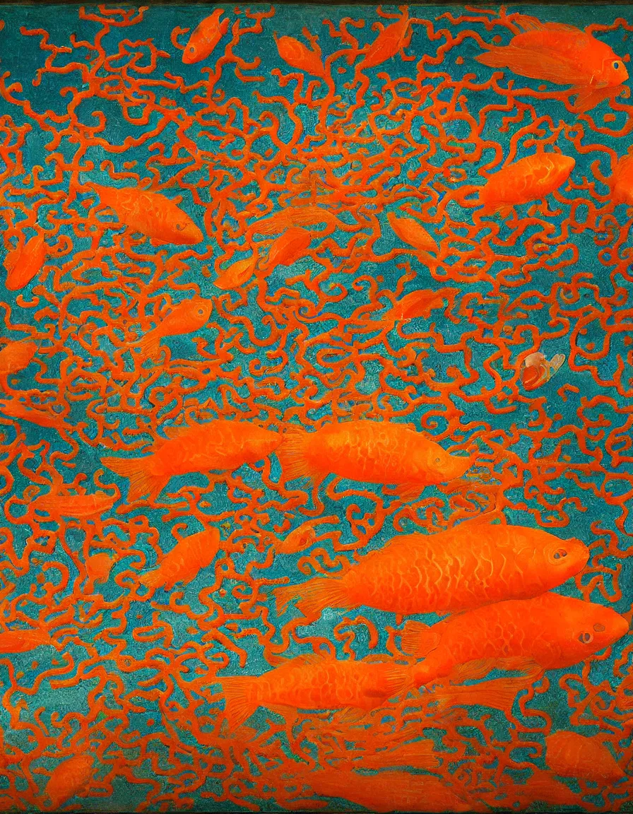 Image similar to transparent vase of coral in the sky and under the sea decorated with a dense field of stylized scrolls that have opaque orange outlines, with colorful shells and orange fishes, ambrosius benson, oil on canvas, hyperrealism, light color, no hard shadow, around the edges there are no objects