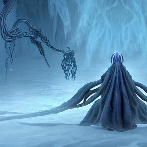 Image similar to screenshot of an end game boss that is an ethereal obsidian ghostly wraith like figure with a squid like parasite latched onto its head and long tentacle arms that flow lazily but gracefully at its sides like a cloak and chains rattling at its sides while it floats around a frozen rocky tundra in the snow searching for lost souls hidden among the underbrush of the frozen trees, this character has hydrokinesis and electrokinesis for silent hill video game and inspired by the resident evil game franchise