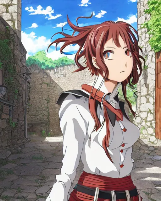 Image similar to key anime visual portrait of a young female walking through a medieval village, perfect anime face, dynamic pose, dynamic perspective, detailed silhouette, detailed, intricate, face by murata range