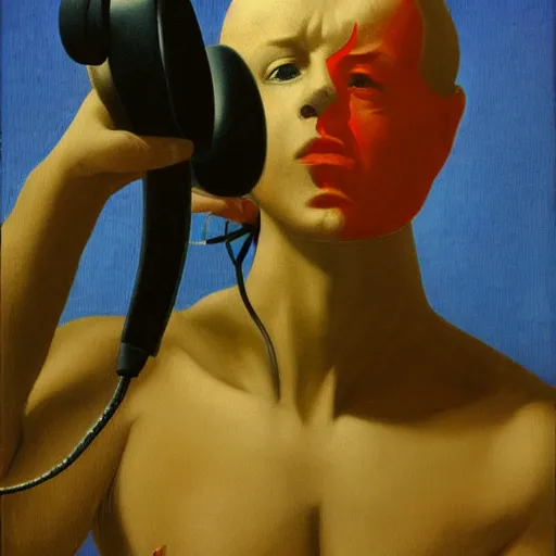 Prompt: a demon listening to headphones by Raphael, Hopper, and Rene Magritte. detailed, romantic, enchanting, trending on artstation.