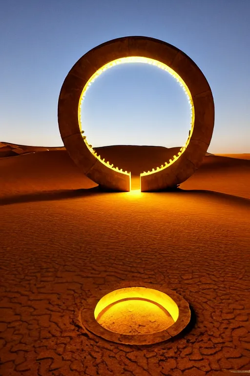 Image similar to a luminous circular stargate in the desert through which an ancient jungle is visible