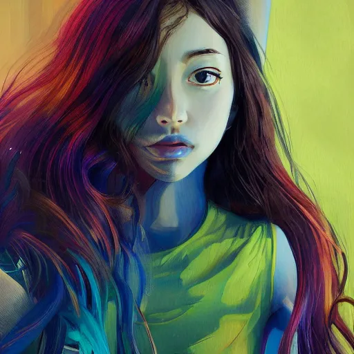 Image similar to a painting of a hard surfaces girl with long hair, digital art by ryuzaburo umehara, featured on pixiv, detailed illustration, digital art, synchromism, flat shading, full body, metaphysical painting, speedpainting, digital painting, holographic undertones, highly saturated colors, 4 k, digital art, concept art, trending on artstation