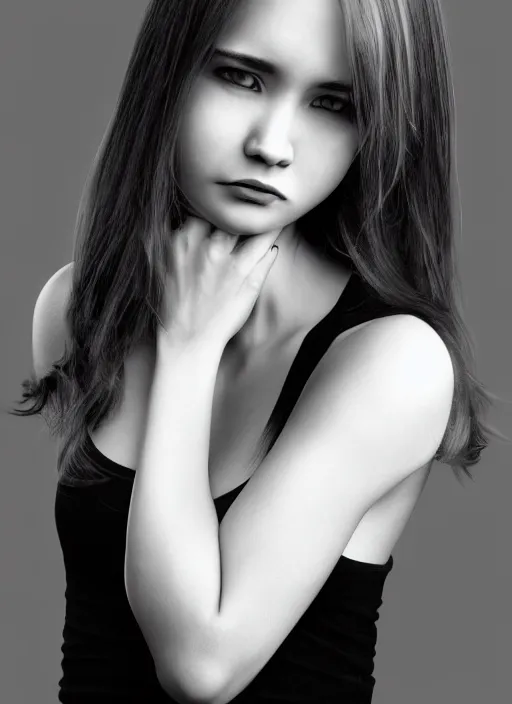 Image similar to full body portrait of a beautiful young woman in black and white, photorealistic, hair down to waist, sharp focus, in the style of Kevin Kostic, Stephen Lau and artgerm, hyper sharp focus, 8k highly detailed