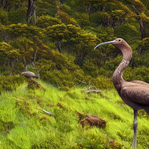 Prompt: high quality digital render of a moa grazing in a new zealand forest clearing.