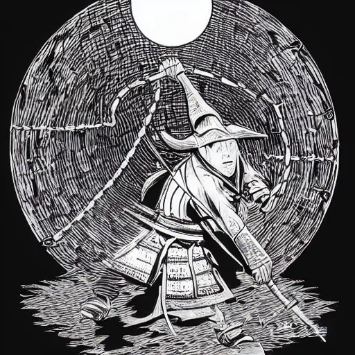 Prompt: samurai under wrapped in chains under a full moon ,ink art In the style of Moebius drawing