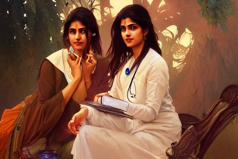 Image similar to Anxious good looking pale young Indian doctors talking, portrait, elegant, intricate, digital painting, artstation, concept art, smooth, sharp focus, illustration, art by artgerm and greg rutkowski and alphonse mucha