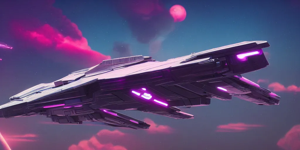 Prompt: synthwave spaceship hovering over fields and small houses, science fiction digital art, award winning, trending on artstation, digital art. highly detailed 8 k. intricate. lifelike.