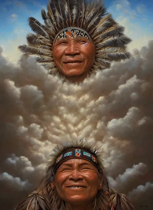 Image similar to faces of indigenous amazonian grandfathers and grandmothers spirits in the clouds, smiling, protection, benevolence, ancestors, detailed faces, art by christophe vacher