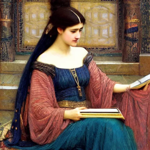 Image similar to orientalist portrait of a princess holding an iridescent ancient book intricate portrait by john william waterhouse and Edwin Longsden Long and Theodore Ralli and Henryk Siemiradzki, very coherent symmetrical artwork. Cinematic, hyper realism, high detail 8k