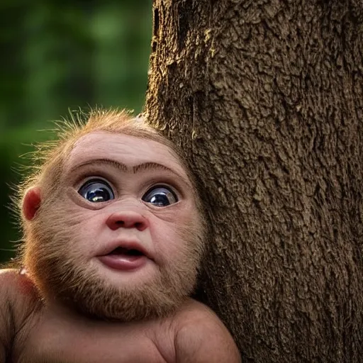 Prompt: award winning hyper realistic photograph of a sasquatch infant peering out timidly from behind a tree with large cute eyes, portrait, 8 k, twilight, foggy, moonlit