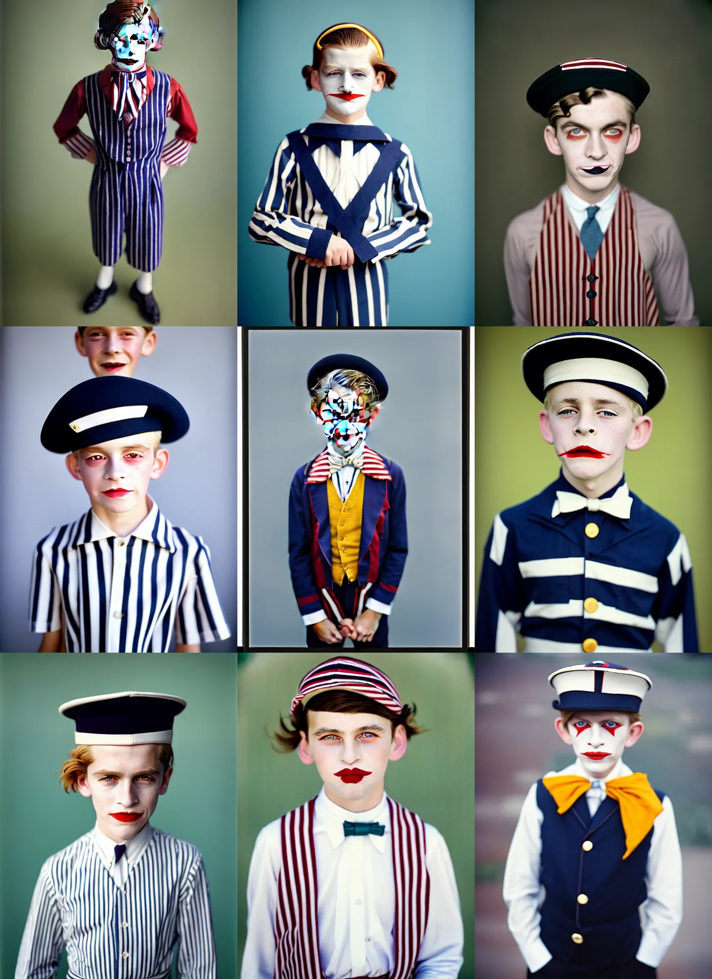 Prompt: kodak portra 4 0 0, 8 k, highly detailed, britt marling style, 3 / 4 photographic close, press award winning colour portrait of a handsome 8 year old sailor boy is joker 1 9 9 9, standing, up face with 1 9 2 0 s hairstyle, 1 9 2 0 s striped cloth style, asymmetrical, hasselblad