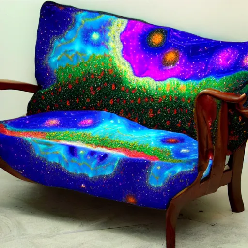 Prompt: psychedelic trippy couch pine forest planets milky way sofa by louis wain