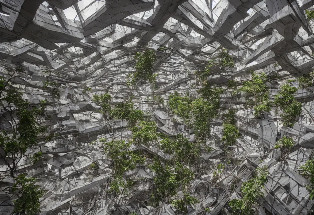 Image similar to of a dystopian city abandoned with debris, nice lighting, building full of plants, futurism, mc Escher, photography, architecture, 8k, detailed