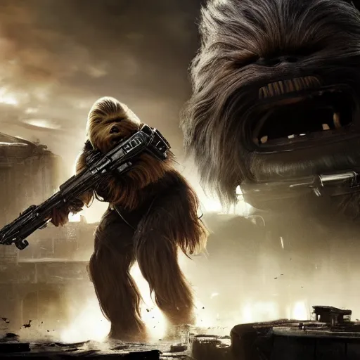 Image similar to chewbacca in gears of war gears of war, splash art, movie still, detailed face, photorealistic facial features, cinematic lighting, dramatic, octane render, long lens, shallow depth of field, bokeh, anamorphic lens flare, 8 k, hyper detailed, 3 5 mm film grain