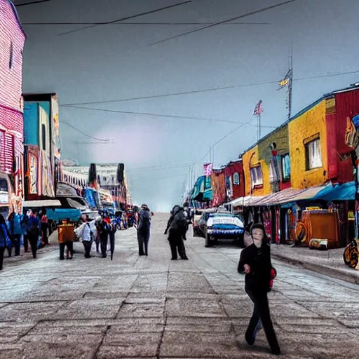 Prompt: moonwalker streetphoto, city street on the moon, a detailed image of a future norilsk, moon landscape, colorful haze, americana, high production value, 8 k resolution, hyperrealistic, photorealistic, high definition, high details, tehnicolor, award - winning photography, masterpiece, amazing colors