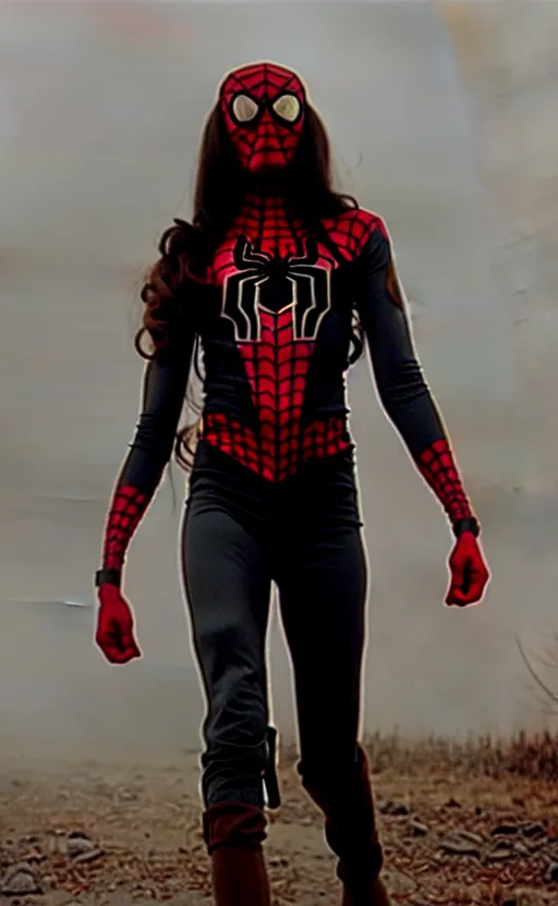 Image similar to film still of Spiderwoman standing heroic ,post apocalyptic, symmetrical