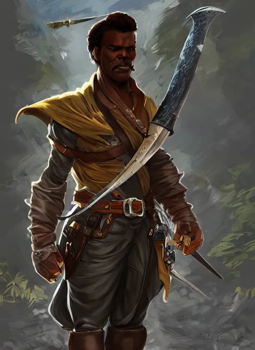 Prompt: swashbuckler rogue who looks like young keith david, trending on artstation, D&D, soft lighting, HD, sharp focus, intricate, masterpiece, concept art, character design