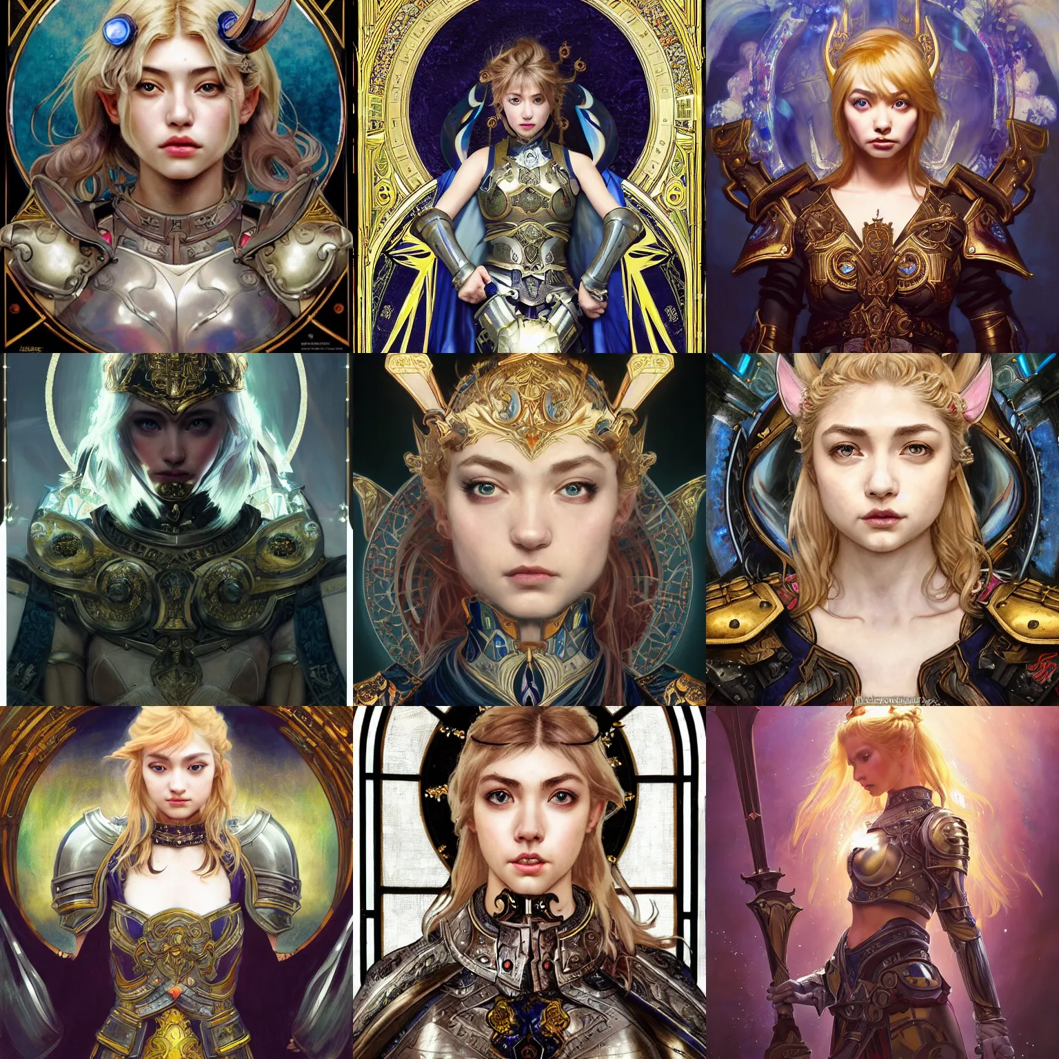 Prompt: masterpiece head-on symmetrical centered painted portrait, Imogen Poots as a paladin, Warcraft theme, blonde hair, glorious, wearing full metal armour, glowing stained glass backdrop, elegant, in the style of Ruan Jia and Artgerm and Edgar Maxence and Ross Tran and Alphonse Mucha and Ayami Kojima and Charlie Bowater and Karol Bak and Jean Delville, Art Nouveau, Pre-Raphaelite, Neo-Gothic, gothic, Art Nouveau, rich deep moody colors, 8k, specular highlights, octane render