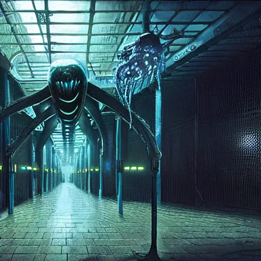 Image similar to menacing aggressive fast engineered black slimy creature made out of needles, inside a gas station, aggressive harsh bright fluorescent industrial blue lighting, extremely detailed digital matte painting buy Greg Rutkowski and H.R. Giger