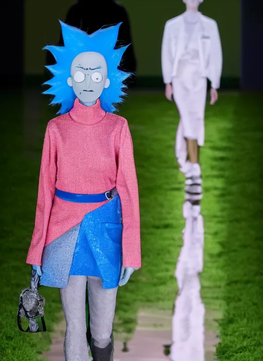 Prompt: hyperrealistic and heavy detailed balenciaga runway show of rick and morty , Leica SL2 50mm, vivid color, high quality, high textured, real life