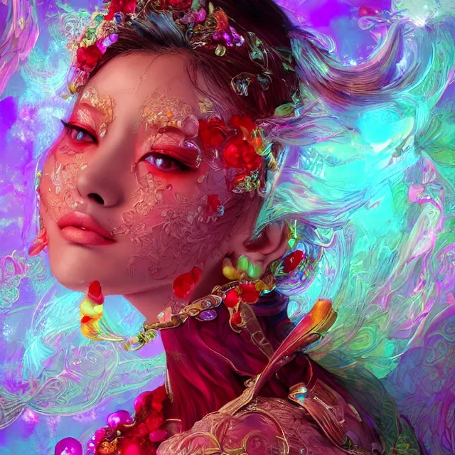 Image similar to studio portrait absurdly beautiful, elegant, lovely, young hypercolorful sensual gravure idol rubies red petals gems, ultrafine hyperrealistic detailed face illustration by kim jung gi, irakli nadar, intricate linework, sharp focus, bright colors, matte, octopath traveler, final fantasy, unreal engine highly rendered, global illumination, radiant light, intricate rainbow environment