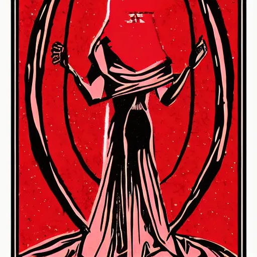 Image similar to tarot card of the doubts, meaning unsure destiny and self - discouragment, high quality image, modern digital art, stylish, black and red