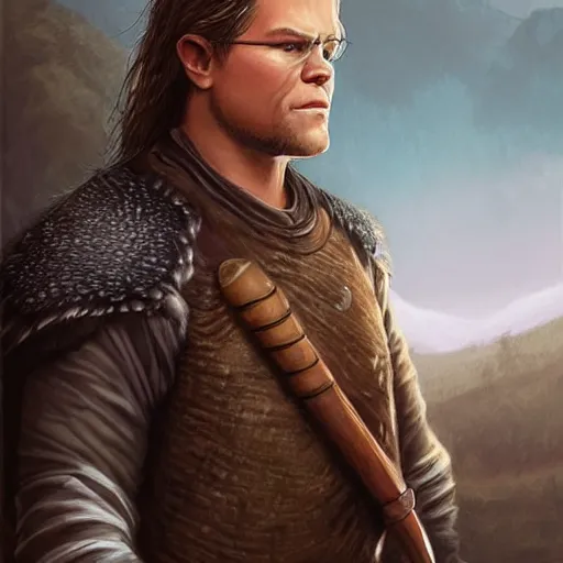 Prompt: dnd character.. human druid. matt damon. mullet. chinstrap patchy beard. plains and horses in the background. brown. beige. holding spear. leather armor. concept portrait. hd. dynamic lighting, fantasy, artwork by artgerm, greg rutknowski