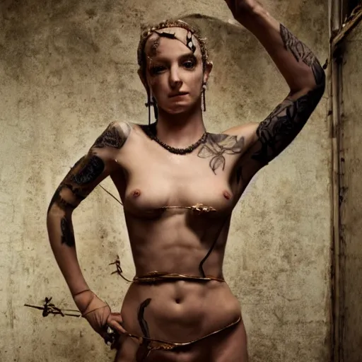 Image similar to A perfect female goddess stands for a waist up portrait with her body sightly wrapped in thin gold wire creatively arranged so as to look like biker tattoos, in an abandoned barn, hyper photo realistic 8K HD HDRI, photo by Annie Leibovitz.