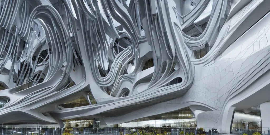 Image similar to extremely detailed ornate stunning beautiful elegant futuristic museum exterior by Zaha Hadid