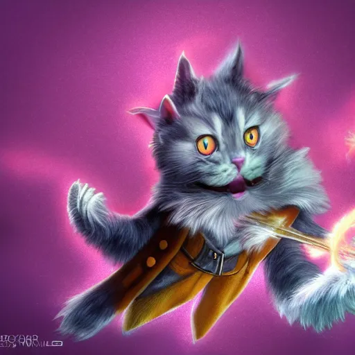 Image similar to wizard is laughing at a small cat, dynamic pose, chromatic aberration, medium level shot, comedy, fantasy, illustration, concept art,