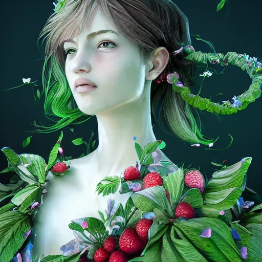 Prompt: the portrait of an absurdly beautiful, graceful, elegant, young woman made of strawberries and green petals looking up, an ultrafine hyperdetailed illustration by kim jung gi, irakli nadar, intricate linework, bright colors, octopath traveler, final fantasy, angular, unreal engine 5 highly rendered, global illumination, radiant light, detailed and intricate environment