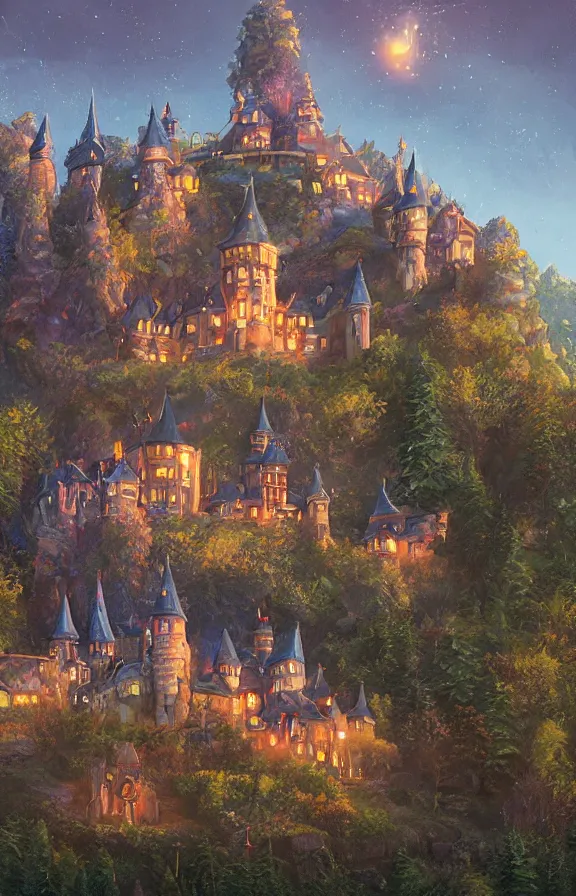 Prompt: magical castle school on a hill, dreamworks, sharp focus, zoomed in, highly detailed, simon stalenhag, print, game art