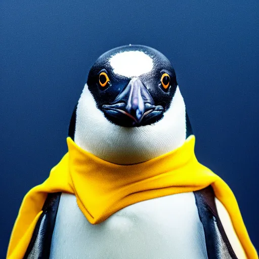 Image similar to portrait photo of a penguin as a jedi, blue and yellow lighting, dark, cinematic, high quality, 4 k