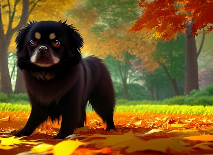 Prompt: a wholesome animation key shot of a black tibetan spaniel, autumn trees in the background, autumn leaves in the foreground, studio ghibli, pixar and disney animation, sharp, rendered in unreal engine 5, anime key art by greg rutkowski, bloom, dramatic lighting